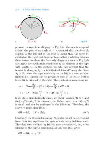 274 9 Static and Kinetic Friction
a b
dH
dN
dϕ/2
S
S+dS
dϕ
dϕ/2
S2  S1
S2
S1
ds
ϕ
s
ds
α
Fig. 9.8
prevent the rope from slipping. In Fig. 9.8a, the rope is wrapped
around the post at an angle α. It is assumed that the force S2
applied to the left end of the rope is larger than the force S1
exerted on the right end. In order to establish a relation between
these forces, we draw the free-body diagram shown in Fig. 9.8b
and apply the equilibrium conditions to an element of the rope
with length ds. In this context, we take into account that the
tension is changing by the inﬁnitesimal force dS along ds. Since
S2  S1 holds, the rope would slip to the left in a case without
friction; i.e. slipping can be prevented only if the static friction
force dH is oriented to the right. The equilibrium conditions are
→ : S cos
dϕ
2
− (S + dS) cos
dϕ
2
+ dH = 0 ,
↑ : dN − S sin
dϕ
2
− (S + dS) sin
dϕ
2
= 0 .
Since dϕ is inﬁnitesimally small, we obtain cos (dϕ/2) ≈ 1 and
sin (dϕ/2) ≈ dϕ/2; furthermore, the higher order term dS(dϕ/2)
is small and can be neglected in the following. Therefore, the
above relations simplify to
dH = dS , dN = S dϕ . (9.7)
Obviously, the three unknowns H, N, and S cannot be determined
from these two equations: the system is statically indeterminate.
Therefore only the limiting friction case is considered, i.e., when
slippage of the rope is impending. In this case (9.3) gives
dH = dH0 = μ0 dN .
 