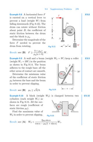 9.4 Supplementary Problems 279
E9.8
Example 9.8 A horizontal force F
is exerted on a vertical lever to
prevent a load (weight W) from
falling downwards (Fig. 9.13). The
drum can rotate without friction
about point B; the coeﬃcient of
static friction between the drum
and the block is μ0.
Determine the magnitude of the
force F needed to prevent the
drum from rotating.
F
b
a
A
B
c r W
μ0
Fig. 9.13
Result: see (B) F ≥
b + μ0 c
μ0(a + b)
W.
E9.9
Example 9.9 A wall and a beam (weight W2 = W) keep a roller
(weight W1 = 3W) in the position
as shown in Fig. 9.14. The beam
adheres to the rough base; all the
other areas of contact are smooth.
Determine the minimum value
of the coeﬃcient of static friction
μ0 between the base and the beam
in order to prevent slipping.
00000000
00000000
00000000
00000000
00000000
00000000
00000000
00000000
11111111
11111111
11111111
11111111
11111111
11111111
11111111
11111111
a
μ0
W1 W2
30◦
5a
4
Fig. 9.14
Result: see (B) μ0 ≥
√
3/3.
E9.10
Example 9.10 A block (weight W2) is clamped between two
cylinders (each weight W1) as
shown in Fig. 9.15. All the sur-
faces are rough (coeﬃcient of
static friction μ0).
Find the maximum value of
W2 in order to prevent slipping.
α α
W2
μ0
μ0
W1
Fig. 9.15
Result: see (A) W2 
2μ0 sin α
cos α − μ0(1 + sin α)
W1.
 