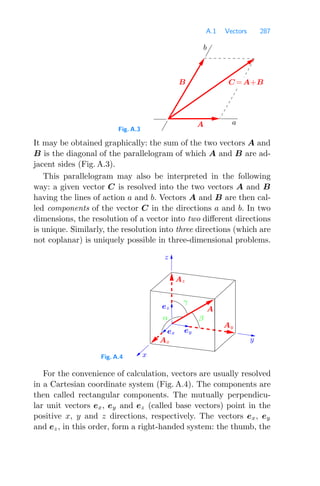 A.1 Vectors 287
Fig. A.3
A
C =A+B
B
a
b
It may be obtained graphically: the sum of the two vectors A and
B is the diagonal of the parallelogram of which A and B are ad-
jacent sides (Fig. A.3).
This parallelogram may also be interpreted in the following
way: a given vector C is resolved into the two vectors A and B
having the lines of action a and b. Vectors A and B are then cal-
led components of the vector C in the directions a and b. In two
dimensions, the resolution of a vector into two diﬀerent directions
is unique. Similarly, the resolution into three directions (which are
not coplanar) is uniquely possible in three-dimensional problems.
Fig. A.4
y
Az
γ
β
z
x
A
ey
ex
α
ez
Ax
Ay
For the convenience of calculation, vectors are usually resolved
in a Cartesian coordinate system (Fig. A.4). The components are
then called rectangular components. The mutually perpendicu-
lar unit vectors ex, ey and ez (called base vectors) point in the
positive x, y and z directions, respectively. The vectors ex, ey
and ez, in this order, form a right-handed system: the thumb, the
 