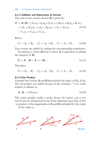 290 A. Vectors, Systems of Equations
A.1.2 Addition and Subtraction of Vectors
The sum of two vectors A and B is given by
C = A+B = (Ax ex+Ay ey+Az ez) + (Bx ex+By ey+Bz ez)
= (Ax + Bx) ex + (Ay + By) ey + (Az + Bz) ez
= Cx ex + Cy ey + Cz ez .
(A.15)
Hence,
Cx = Ax + Bx , Cy = Ay + By , Cz = Az + Bz . (A.16)
Two vectors are added by adding the corresponding coordinates.
To subtract a vector B from a vector A is equivalent to adding
the negative of B:
C = A − B = A + (−B) . (A.17)
Therefore,
Cx = Ax − Bx , Cy = Ay − By , Cz = Az − Bz . (A.18)
A.1.3 Dot Product
Consider two vectors A and B that include the angle ϕ (Fig. A.5a).
The dot product (so called because of the notation “·”) or scalar
product is deﬁned as
A · B = A B cos ϕ . (A.19)
The scalar product yields a scalar (hence the name), not a vec-
tor! It may be interpreted in one of the following ways (Fig. A.5b):
a) product of the magnitudes of A and B multiplied by the cosine
of the angle ϕ,
b
a
ϕ
A cos ϕ
B
A
B cos ϕ
ϕ
ϕ
B
A
B
A
Fig. A.5
 