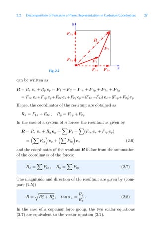 2.2 Decomposition of Forces in a Plane, Representation in Cartesian Coordinates 27
Fig. 2.7
F 1
F 1x F 2x
F 1y
y
x
F 2y
F 2
R
can be written as
R = Rx ex + Ry ey = F 1 + F 2 = F 1x + F 1y + F 2x + F 2y
= F1x ex +F1y ey +F2x ex+F2y ey =(F1x +F2x) ex+(F1y +F2y)ey .
Hence, the coordinates of the resultant are obtained as
Rx = F1x + F2x , Ry = F1y + F2y .
In the case of a system of n forces, the resultant is given by
R = Rx ex + Ry ey =

F i =

(Fix ex + Fiy ey)
=

Fix

ex +

Fiy

ey (2.6)
and the coordinates of the resultant R follow from the summation
of the coordinates of the forces:
Rx =

Fix , Ry =

Fiy . (2.7)
The magnitude and direction of the resultant are given by (com-
pare (2.5))
R =

R2
x + R2
y , tan αR
=
Ry
Rx
. (2.8)
In the case of a coplanar force group, the two scalar equations
(2.7) are equivalent to the vector equation (2.2).
 
