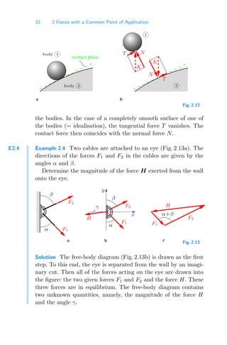 32 2 Forces with a Common Point of Application
a b
contact plane
N
N
K
K
T
T
1
body 2 2
body 1
Fig. 2.12
the bodies. In the case of a completely smooth surface of one of
the bodies (= idealisation), the tangential force T vanishes. The
contact force then coincides with the normal force N.
E2.4 Example 2.4 Two cables are attached to an eye (Fig. 2.13a). The
directions of the forces F1 and F2 in the cables are given by the
angles α and β.
Determine the magnitude of the force H exerted from the wall
onto the eye.
c
b
a
00
00
00
00
00
00
00
11
11
11
11
11
11
11
α+β
F1
H
F2
β
α
F2
F1
y
β
α
γ
H
F2
F1
x
Fig. 2.13
Solution The free-body diagram (Fig. 2.13b) is drawn as the ﬁrst
step. To this end, the eye is separated from the wall by an imagi-
nary cut. Then all of the forces acting on the eye are drawn into
the ﬁgure: the two given forces F1 and F2 and the force H. These
three forces are in equilibrium. The free-body diagram contains
two unknown quantities, namely, the magnitude of the force H
and the angle γ.
 