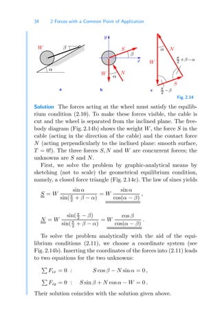 34 2 Forces with a Common Point of Application
0000000
0000000
0000000
0000000
1111111
1111111
1111111
1111111
c
b
a
α
β
y
x
β
α
S
N
α N
S
π
2 −β
W
W
W
π
2 +β−α
Fig. 2.14
Solution The forces acting at the wheel must satisfy the equilib-
rium condition (2.10). To make these forces visible, the cable is
cut and the wheel is separated from the inclined plane. The free-
body diagram (Fig. 2.14b) shows the weight W, the force S in the
cable (acting in the direction of the cable) and the contact force
N (acting perpendicularly to the inclined plane: smooth surface,
T = 0!). The three forces S, N and W are concurrent forces; the
unknowns are S and N.
First, we solve the problem by graphic-analytical means by
sketching (not to scale) the geometrical equilibrium condition,
namely, a closed force triangle (Fig. 2.14c). The law of sines yields
S = W
sin α
sin(π
2 + β − α)
= W
sin α
cos(α − β)
,
N = W
sin(π
2 − β)
sin(π
2 + β − α)
= W
cos β
cos(α − β)
.
To solve the problem analytically with the aid of the equi-
librium conditions (2.11), we choose a coordinate system (see
Fig. 2.14b). Inserting the coordinates of the forces into (2.11) leads
to two equations for the two unknowns:

Fix = 0 : S cos β − N sin α = 0 ,

Fiy = 0 : S sin β + N cos α − W = 0 .
Their solution coincides with the solution given above.
 