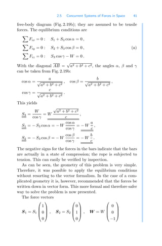 2.5 Concurrent Systems of Forces in Space 41
free-body diagram (Fig. 2.19b); they are assumed to be tensile
forces. The equilibrium conditions are

Fix = 0 : S1 + S3 cos α = 0 ,

Fiy = 0 : S2 + S3 cos β = 0 , (a)

Fiz = 0 : S3 cos γ − W = 0 .
With the diagonal AB =
√
a2 + b2 + c2, the angles α, β and γ
can be taken from Fig. 2.19b:
cos α =
a
√
a2 + b2 + c2
, cos β =
b
√
a2 + b2 + c2
,
cos γ =
c
√
a2 + b2 + c2
.
This yields
S3 =
W
cos γ
= W
√
a2 + b2 + c2
c
,
S1 = − S3 cos α = − W
cos α
cos γ
= − W
a
c
,
S2 = − S3 cos β = − W
cos β
cosγ
= − W
b
c
.
The negative signs for the forces in the bars indicate that the bars
are actually in a state of compression; the rope is subjected to
tension. This can easily be veriﬁed by inspection.
As can be seen, the geometry of this problem is very simple.
Therefore, it was possible to apply the equilibrium conditions
without resorting to the vector formalism. In the case of a com-
plicated geometry it is, however, recommended that the forces be
written down in vector form. This more formal and therefore safer
way to solve the problem is now presented.
The force vectors
S1 = S1
⎛
⎜
⎜
⎝
1
0
0
⎞
⎟
⎟
⎠ , S2 = S2
⎛
⎜
⎜
⎝
0
1
0
⎞
⎟
⎟
⎠ , W = W
⎛
⎜
⎜
⎝
0
0
−1
⎞
⎟
⎟
⎠
 