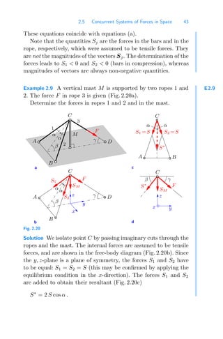 2.5 Concurrent Systems of Forces in Space 43
These equations coincide with equations (a).
Note that the quantities Sj are the forces in the bars and in the
rope, respectively, which were assumed to be tensile forces. They
are not the magnitudes of the vectors Sj. The determination of the
forces leads to S1  0 and S2  0 (bars in compression), whereas
magnitudes of vectors are always non-negative quantities.
E2.9
Example 2.9 A vertical mast M is supported by two ropes 1 and
2. The force F in rope 3 is given (Fig. 2.20a).
Determine the forces in ropes 1 and 2 and in the mast.
b
a c
d
x
z
y
SM
S∗
S∗
S2 =S
S1 =S
SM
S2
S1
x
z
y
β
D
γ
A
A
M
γ
B
D
β
β
C C
α
C
αα
A B
α
α
1
3
γ
B
2
C
α
F
F
F
Fig. 2.20
Solution We isolate point C by passing imaginary cuts through the
ropes and the mast. The internal forces are assumed to be tensile
forces, and are shown in the free-body diagram (Fig. 2.20b). Since
the y, z-plane is a plane of symmetry, the forces S1 and S2 have
to be equal: S1 = S2 = S (this may be conﬁrmed by applying the
equilibrium condition in the x-direction). The forces S1 and S2
are added to obtain their resultant (Fig. 2.20c)
S∗
= 2 S cos α .
 