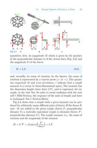 3.1 General Systems of Forces in a Plane 55
0000
0000
0000
0000
0000
0000
0000
1111
1111
1111
1111
1111
1111
1111
000
000
000
000
000
000
000
000
111
111
111
111
111
111
111
111
c
a b
F
F
F
F
F
F
F
F
F
F
h
h h h
h
Fig. 3.3
quantities: ﬁrst, its magnitude M which is given by the product
of the perpendicular distance h of the action lines (Fig. 3.2) and
the magnitude F of the forces
M = h F , (3.5)
and, secondly, its sense of rotation. In the ﬁgures, the sense of
rotation is represented by a curved arrow ( or ). The quanti-
ties magnitude M and sense of rotation  indicate that a couple
moment is a vector in three-dimensional space. The moment has
the dimension length times force [l F], and is expressed, for ex-
ample, in the unit Nm. In order to avoid confusion with the unit
mN 
= Milli-Newton, the sequence of the units of length and force
is exchanged: Nm 
= Newton-Meter.
Fig. 3.4 shows that a couple with a given moment can be pro-
duced by arbitrarily many diﬀerent pairs of forces. If the forces K
and −K are added to the given couple (forces F, perpendicular
distance h) a statically equivalent couple is obtained (forces F
,
perpendicular distance h
). The couple moment, i.e., the sense of
rotation and the magnitude of the moment
M = h
F
= (h sin α)
 F
sin α

= h F
 
