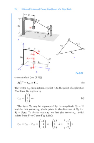 76 3 General Systems of Forces, Equilibrium of a Rigid Body
a
b
c
A
z
A
C
B
x y
B
3a
2a
4a
a
a
2a
3a
4a
a
a
S2
S1
S1=W
C
A
rAB
rAC
B
rBC
C
W
W
Fig. 3.23
cross-product (see (3.23))
M
(A)
2 = rAB
× S2 . (b)
The vector rAB
from reference point A to the point of application
B of force S2 is given by
rAB
=
⎛
⎜
⎝
0
2
3
⎞
⎟
⎠ a . (c)
The force S2 may be represented by its magnitude S2 = W
and the unit vector e2, which points in the direction of S2, i.e.,
S2 = S2 e2. To obtain vector e2, we ﬁrst give vector rBC , which
points from B to C (see Fig. 3.23c):
rBC
= rAC
− rAB
=
⎛
⎜
⎝
−1
4
1
⎞
⎟
⎠ a −
⎛
⎜
⎝
0
2
3
⎞
⎟
⎠ a =
⎛
⎜
⎝
−1
2
−2
⎞
⎟
⎠ a .
 