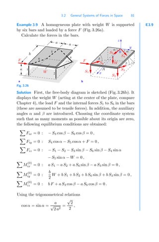 3.2 General Systems of Forces in Space 81
E3.9
Example 3.9 A homogeneous plate with weight W is supported
by six bars and loaded by a force F (Fig. 3.26a).
Calculate the forces in the bars.
2
3
4
1
a b
6
5 0
F
S1 x
S2
S3
S4
z
W
F
y
S5
A
S6 W
α
β
β
b
a a
a
α
Fig. 3.26
Solution First, the free-body diagram is sketched (Fig. 3.26b). It
displays the weight W (acting at the center of the plate, compare
Chapter 4), the load F and the internal forces S1 to S6 in the bars
(these are assumed to be tensile forces). In addition, the auxiliary
angles α and β are introduced. Choosing the coordinate system
such that as many moments as possible about its origin are zero,
the following equilibrium conditions are obtained:

Fix = 0 : − S3 cos β − S6 cos β = 0 ,

Fiy = 0 : S4 cos α − S5 cos α + F = 0 ,

Fiz = 0 : − S1 − S2 − S3 sin β − S6 sin β − S4 sin α
− S5 sin α − W = 0 ,

M
(0)
ix = 0 : a S1 − a S2 + a S6 sin β − a S3 sin β = 0 ,

M
(0)
iy = 0 :
b
2
W + b S1 + b S2 + b S6 sin β + b S3 sin β = 0 ,

M
(0)
iz = 0 : b F + a S3 cos β − a S6 cos β = 0 .
Using the trigonometrical relations
cos α = sin α =
a
√
2 a2
=
√
2
2
,
 