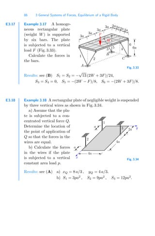 86 3 General Systems of Forces, Equilibrium of a Rigid Body
E3.17 Example 3.17 A homoge-
neous rectangular plate
(weight W) is supported
by six bars. The plate
is subjected to a vertical
load F (Fig. 3.33).
Calculate the forces in
the bars.
1
F
W
2
6a
3 4
5
6
A
C
3a
3a
3a
3a 2a2a2a2a
B
Fig. 3.33
Results: see (B) S1 = S2 = −
√
13 (2W + 3F)/24,
S3 = S4 = 0, S5 = −(2W − F)/8, S6 = −(2W + 3F)/8.
E3.18 Example 3.18 A rectangular plate of negligible weight is suspended
by three vertical wires as shown in Fig. 3.34.
a) Assume that the pla-
te is subjected to a con-
centrated vertical force Q.
Determine the location of
the point of application of
Q so that the forces in the
wires are equal.
b) Calculate the forces
in the wires if the plate
is subjected to a vertical
constant area load p.
2
2a y
x
1
3
4a
4a
a
a
Fig. 3.34
Results: see (A) a) xQ = 8 a/3 , yQ = 4 a/3.
b) S1 = 3pa2
, S2 = 9pa2
, S3 = 12pa2
.
 