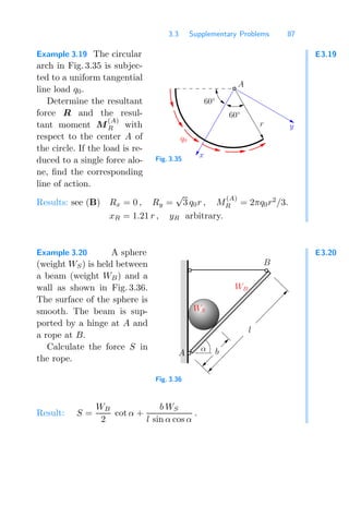 3.3 Supplementary Problems 87
E3.19
Example 3.19 The circular
arch in Fig. 3.35 is subjec-
ted to a uniform tangential
line load q0.
Determine the resultant
force R and the resul-
tant moment M
(A)
R with
respect to the center A of
the circle. If the load is re-
duced to a single force alo-
ne, ﬁnd the corresponding
line of action.
r
q0
A
x
y
60◦
60◦
Fig. 3.35
Results: see (B) Rx = 0 , Ry =
√
3 q0r , M
(A)
R = 2πq0r2
/3.
xR = 1.21 r , yR arbitrary.
E3.20
Example 3.20 A sphere
(weight WS) is held between
a beam (weight WB) and a
wall as shown in Fig. 3.36.
The surface of the sphere is
smooth. The beam is sup-
ported by a hinge at A and
a rope at B.
Calculate the force S in
the rope.
00000000
00000000
00000000
00000000
00000000
00000000
00000000
00000000
00000000
00000000
00000000
00000000
00000000
00000000
00000000
00000000
11111111
11111111
11111111
11111111
11111111
11111111
11111111
11111111
11111111
11111111
11111111
11111111
11111111
11111111
11111111
11111111
000
000
000
000
000
000
111
111
111
111
111
111
00
00
00
11
11
11
00
11
000
000
000
111
111
111
0
0
1
1
0
0
0
0
0
0
0
0
0
0
0
0
0
0
0
0
0
0
0
0
0
1
1
1
1
1
1
1
1
1
1
1
1
1
1
1
1
1
1
1
1
1
l
b
WB
α
B
A
WS
Fig. 3.36
Result: S =
WB
2
cot α +
b WS
l sin α cos α
.
 