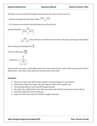 Engineering Mechanics Laboratory Manual Autumn Semester, 2016
Jigme Namgyel Engineering College,CESD Tutor: Phurba Tamang
Therefore, in one revolution the length of string which will wind on axle B: π (d1-d2)
∴ Distance through which the load is lifted:
 1 2
2
d d 
∴ V.R.: Distance moved by the effort/Distance moved by the load
And load lifted by:
 1 2
2
d d
D


  
 
 
:
 1 2
2D
d d
(Since distance moved by the load is half, as the rope is passing over the pulley)
Now mechanical advantage M.A.=
𝑊
𝑃
We have efficienty,η:
M.A.
V.R
Efficiency, η:
1 2
2
d d
W
P
D 
 
 
In this machine the axle is called differential for the reason that the joint action of the two parts of the axle is
differential i.e. the action of one subtracts from the action of the other.
Procedure:
 Wind one string on the effort wheel and attach scale pan/hanger to carry effort P.
 Wind other string on the larger axle and bring it to other side of smaller axle.
 Put moveable pulley to carry load W through scale pan.
 Now place the weight slowly in the effort pan unless and until the load pan just starts to lift up.
 Note the weight placed in the effort pan.
 Repeat the above procedure for different weight in load pan.
 