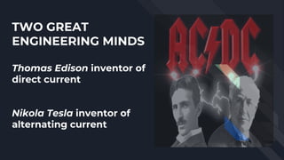 TWO GREAT
ENGINEERING MINDS
Thomas Edison inventor of
direct current
Nikola Tesla inventor of
alternating current
 