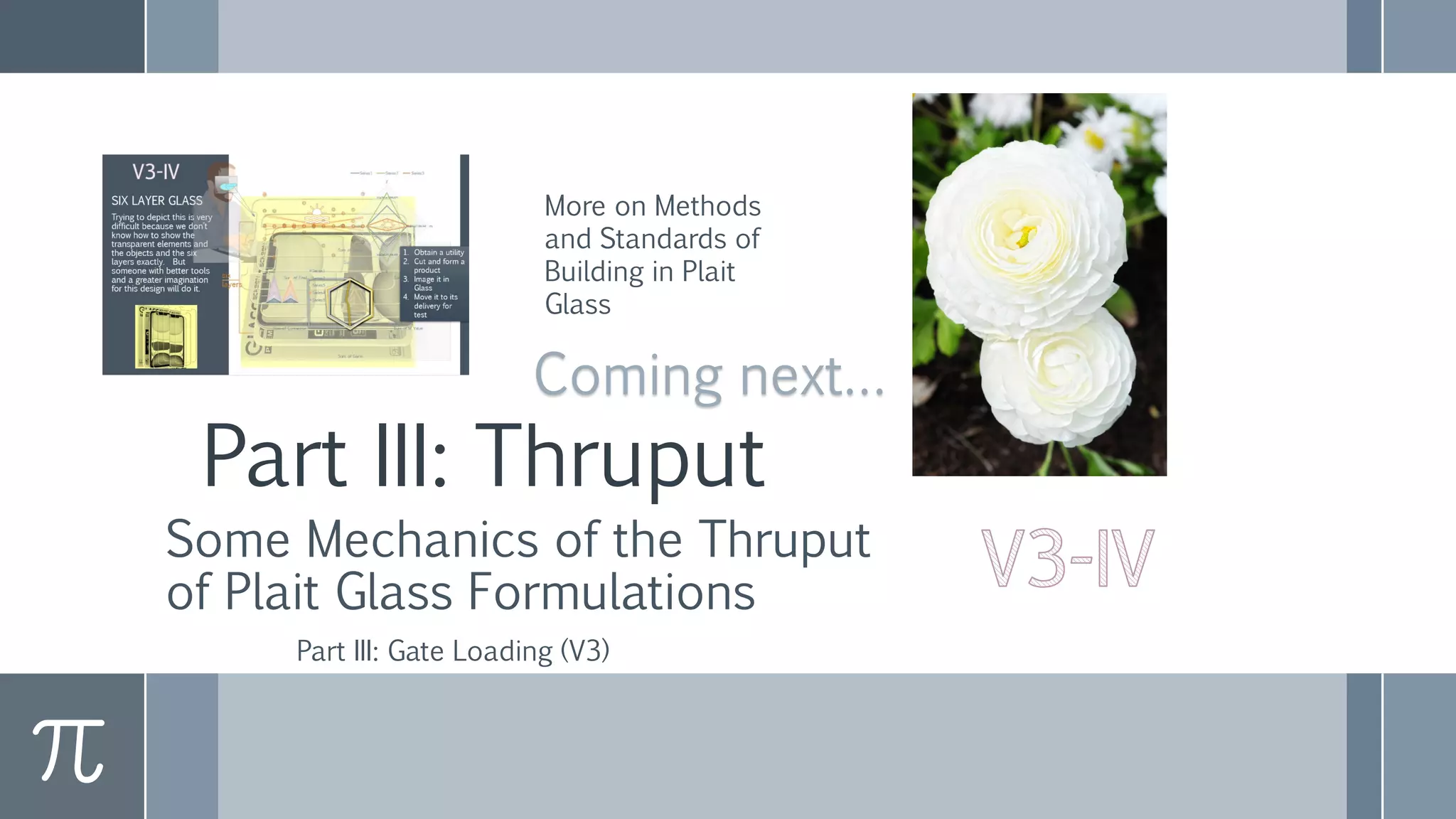 Part III: Thruput
Some Mechanics of the Thruput
of Plait Glass Formulations
Part III: Gate Loading (V3)
More on Methods
and Standards of
Building in Plait
Glass
Coming next…
 