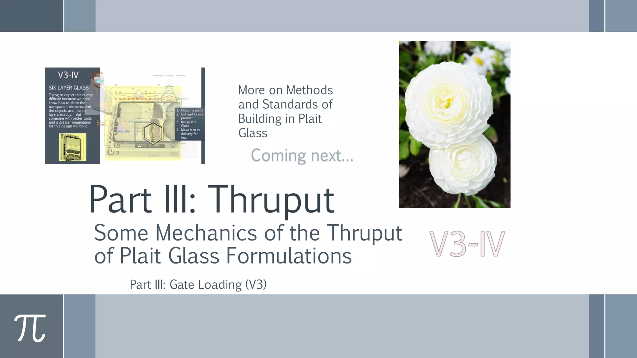 Part III: Thruput
Some Mechanics of the Thruput
of Plait Glass Formulations
Part III: Gate Loading (V3)
More on Methods
and Standards of
Building in Plait
Glass
Coming next…
 