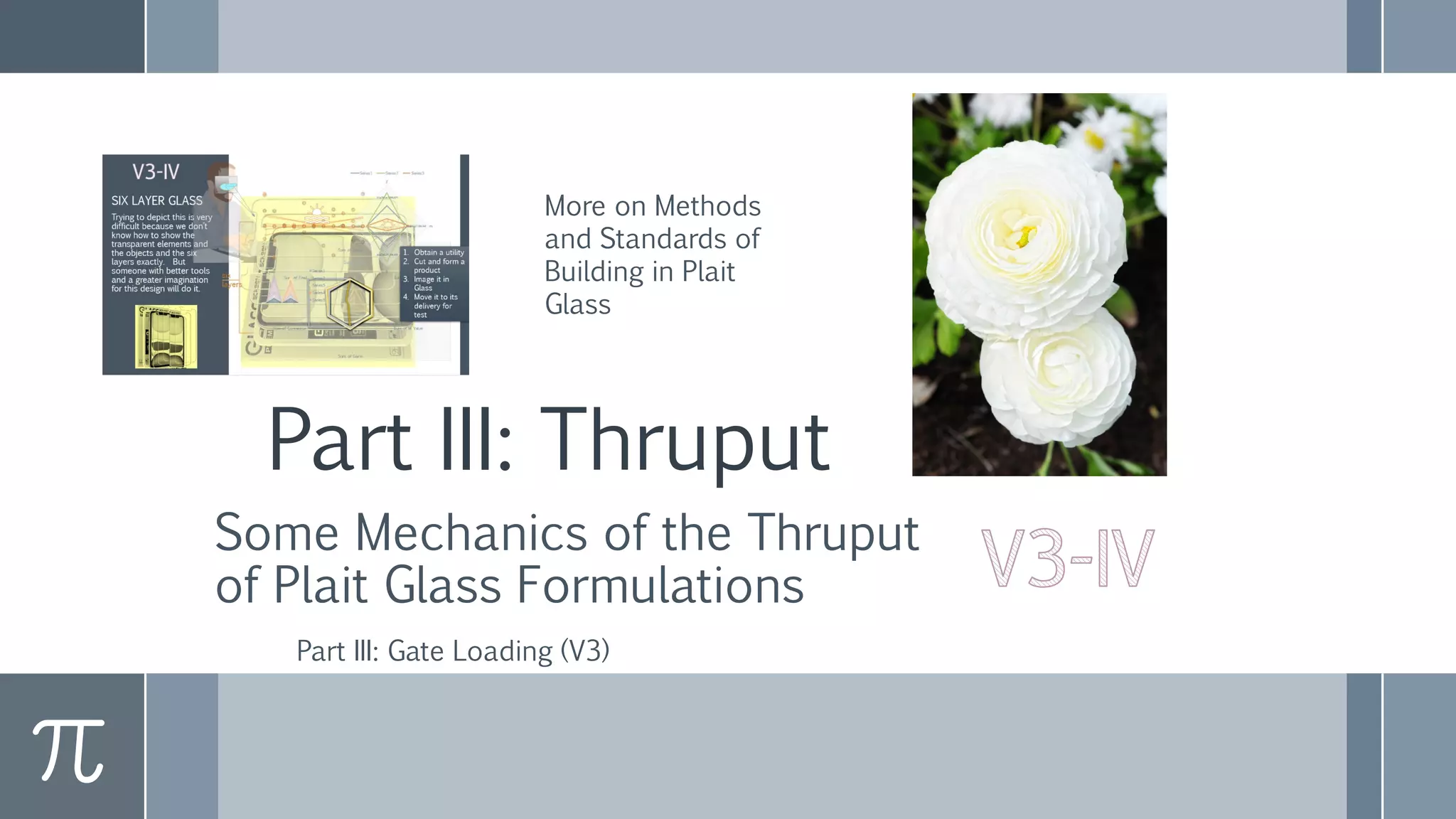 Part III: Thruput
Some Mechanics of the Thruput
of Plait Glass Formulations
Part III: Gate Loading (V3)
More on Methods
and Standards of
Building in Plait
Glass
 