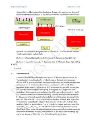 Engineering Physics B.Tech:2012-13
Semiconductors, like insulator have band gaps. However, the gap between the top of
the valence band and the bottom of the conduction band is much narrower than in an
insulator. For comparison, the gap in case of Silicon is 1.1 eV while that for diamond,
which is an insulator, is about 6 eV.
[Reference: Material Science by M. S. Vijaya and G. Rangarajan, Page-230-232]
[Reference: Material Science by V. Rajendran and A. Marikani, Pages-8.23-8.24 &
9.1-9.2]
Session-9
9.1 Semiconductors
Elemental are semiconductors where each atom is of the same type such as Ge, Si.
These atoms are bound together by covalent bonds, so that each atom shares an
electron with its nearest neighbour, forming strong bonds. Compound semiconductors
are made of two or more elements. Common examples are GaAs or InP. These
compound semiconductors belong to the III-V semiconductors so called because first
and second elements can be found in group III and group V of the periodic table
respectively. In compound semiconductors, the difference in electro-negativity leads
to a combination of covalent and ionic bonding. Ternary semiconductors are formed
by the addition of a small quantity of a third element to the mixture, for example Al x
Ga 1-x As. The subscript x refers to the alloy content of the material, what proportion
of the material is added and what proportion is replaced by the alloy material. The
addition of alloys to semiconductors can be extended to include quaternary materials
such as Ga x In (1-x) As y P (1-y) or GaInNAs and even quinternary materials such as
GaInNAsSb. Once again, the subscripts denote the proportion elements that constitute
the mixture of elements. Alloying semiconductors in this way allows the energy gap
and lattice spacing of the crystal to be chosen to suit the application.
Valence band
Very large energy gap
Conduction
band empty
Valence band
Large energy gap
Conduction band
Valence band
Small energy gap
Conduction band
Figure 2
Insulators
Semiconductors
Conductors
 