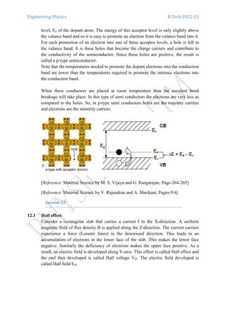 Engineering Physics B.Tech:2012-13
level, Ea of the dopant atom. The energy of this acceptor level is only slightly above
the valance band and so it is easy to promote an electron from the valance band into it.
For each promotion of an electron into one of these acceptor levels, a hole is left in
the valance band. It is these holes that become the charge carriers and contribute to
the conductivity of the semiconductor. Since these holes are positive, the result is
called a p-type semiconductor.
Note that the temperatures needed to promote the dopant electrons into the conduction
band are lower than the temperatures required to promote the intrinsic electrons into
the conduction band.
When these conductors are placed at room temperature then the covalent bond
breakage will take place. In this type of semi conductors the electrons are very less as
compared to the holes. So, in p-type semi conductors holes are the majority carriers
and electrons are the minority carriers.
[Reference: Material Science by M. S. Vijaya and G. Rangarajan, Page-264-265]
[Reference: Material Science by V. Rajendran and A. Marikani, Pages-9.6]
Session-12
12.1 Hall effect:
Consider a rectangular slab that carries a current I in the X-direction. A uniform
magnetic field of flux density B is applied along the Z-direction. The current carriers
experience a force (Lorentz force) in the downward direction. This leads to an
accumulation of electrons in the lower face of the slab. This makes the lower face
negative. Similarly the deficiency of electrons makes the upper face positive. As a
result, an electric field is developed along Y-axis. This effect is called Hall effect and
the emf thus developed is called Hall voltage VH. The electric field developed is
called Hall field EH.
 