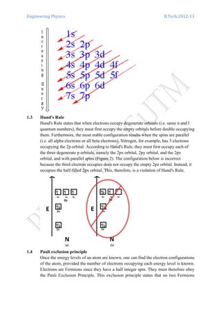 Engineering Physics B.Tech:2012-13
1.3 Hund's Rule
Hund's Rule states that when electrons occupy degenerate orbitals (i.e. same n and l
quantum numbers), they must first occupy the empty orbitals before double occupying
them. Furthermore, the most stable configuration results when the spins are parallel
(i.e. all alpha electrons or all beta electrons). Nitrogen, for example, has 3 electrons
occupying the 2p orbital. According to Hund's Rule, they must first occupy each of
the three degenerate p orbitals, namely the 2px orbital, 2py orbital, and the 2pz
orbital, and with parallel spins (Figure 2). The configuration below is incorrect
because the third electron occupies does not occupy the empty 2pz orbital. Instead, it
occupies the half-filled 2px orbital. This, therefore, is a violation of Hund's Rule.
1.4 Pauli exclusion principle
Once the energy levels of an atom are known, one can find the electron configurations
of the atom, provided the number of electrons occupying each energy level is known.
Electrons are Fermions since they have a half integer spin. They must therefore obey
the Pauli Exclusion Principle. This exclusion principle states that no two Fermions
 