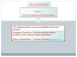 Recapitulation
“We discussed the vectors and fields in the last
lecture”
Lecture - 1
Vector Calculus and Operations
I sugg...