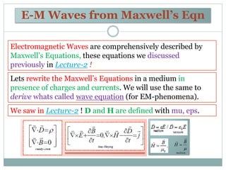 E-M Waves from Maxwell’s Eqn
Electromagnetic Waves are comprehensively described by
Maxwell’s Equations, these equations w...