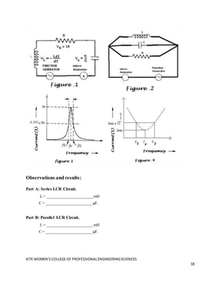 KITE WOMEN’S COLLEGE OF PROFESSIONALENGINEERINGSCIENCES
18
Observations and results:
Part A: Series LCR Circuit.
L = _______________________ mH
C = _______________________ µF.
Part B: Parallel LCR Circuit.
L = _______________________ mH
C = _______________________ µF.
 