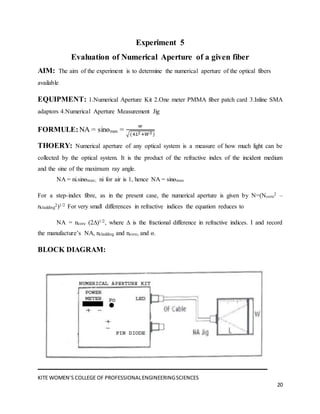 KITE WOMEN’S COLLEGE OF PROFESSIONALENGINEERINGSCIENCES
20
Experiment 5
Evaluation of Numerical Aperture of a given fiber
AIM: The aim of the experiment is to determine the numerical aperture of the optical fibers
available
EQUIPMENT: 1.Numerical Aperture Kit 2.One meter PMMA fiber patch card 3.Inline SMA
adaptors 4.Numerical Aperture Measurement Jig
FORMULE:NA = sinөmax =
𝑤
√(4𝐿2+𝑊2)
THOERY: Numerical aperture of any optical system is a measure of how much light can be
collected by the optical system. It is the product of the refractive index of the incident medium
and the sine of the maximum ray angle.
NA = ni.sinөmax; ni for air is 1, hence NA = sinөmax
For a step-index fibre, as in the present case, the numerical aperture is given by N=(Ncore
2 –
ncladding
2)1/2 For very small differences in refractive indices the equation reduces to
NA = ncore (2∆)1/2, where ∆ is the fractional difference in refractive indices. I and record
the manufacture’s NA, ncladding and ncore, and ө.
BLOCK DIAGRAM:
 
