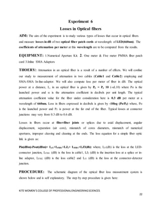 KITE WOMEN’S COLLEGE OF PROFESSIONALENGINEERINGSCIENCES
22
Experiment 6
Losses in Optical fibers
AIM: The aim of the experiment is to study various types of losses that occur in optical fibers
and measure losses in dB of two optical fiber patch cords at wavelength of LED(660nm). The
coefficients of attenuation per meter at this wavelength are to be computed from the results.
EQUIPMENT: 1.Numerical Aperture Kit. 2. One meter & Five meter PMMA fiber patch
card 3.Inline SMA Adaptors
THOERY: Attenuation in an optical fiber is a result of a number of effects. We will confine
our study to measurement of attenuation in two cables (Cable1 and Cable2) employing and
SMA-SMA In-line-adaptor. We will also compute loss per meter of fiber in dB. The optical
power at a distance, L, in an optical fiber is given by PL = Po 10 (-αL10) where Po is the
launched power and α is the attenuation coefficient in decibels per unit length. The typical
attenuation coefficient value for the fiber under consideration here is 0.3 dB per meter at a
wavelength of 660nm. Loss in fibers expressed in decibels is given by -10log (Po/PF) where, Po
is the launched power and PF is power at the far end of the fiber. Typical losses at connector
junctions may very from 0.3 dB to 0.6 dB.
Losses in fibers occur at fiber-fiber joints or splices due to axial displacement, angular
displacement, separation (air core), mismatch of cores diameters, mismatch of numerical
apertures, improper cleaving and cleaning at the ends. The loss equation for a simple fiber optic
link is given as:
Pin(dBm)-Pout(dBm)= LJ1+LFIB1+LJ2+ LFIB1+LJ3(db): where, LJ1(db) is the loss at the LED-
connector junction, LFIB1 (dB) is the loss in cable1, LJ2 (dB) is the insertion loss at a splice or in-
line adaptor, LFIB2 (dB) is the loss cable2 and LJ3 (dB) is the loss at the connector-detector
junction.
PROCEDURE: The schematic diagram of the optical fiber loss measurement system is
shown below and is self explanatory. The step by step procedure is given here:
 