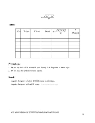 KITE WOMEN’S COLLEGE OF PROFESSIONALENGINEERINGSCIENCES
39
𝜃 =
√𝑤2
2 − 𝑤1
2
𝐷
Table:
Precautions:
1. Do not see the LASER beam with eyes directly. It is dangerous to human eyes.
2. Do not focus the LASER towards anyone.
Result:
Angular divergence of given LASER source is determined.
Angular divergence of LASER beam = ……………………….
S.No. W1(cm) W2(cm) D(cm) 𝜃 =
√𝑤2
2 − 𝑤1
2
𝐷
θ
(Degrees)
 
