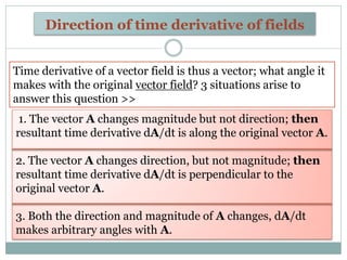 Direction of time derivative of fields
Time derivative of a vector field is thus a vector; what angle it
makes with the or...