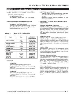 Engineering & Piping Design Guide 24
A.	 Compliance with National Specifications
	 American Petroleum Institute
		 API Specification 15LR
		 RED THREAD II Pipe & Fittings, 8"-16" Cyclic Design
	
American Society for Testing & Materials (ASTM)
		 ASTM D2310 (See Table 6.0 & 6.2)
		 “Standard Classification for Machine Made ‘Fiberglass’ 	
	 (Glass-Fiber-Reinforced Thermosetting-Resin) Pipe"
		 Classifications of Pipe at 73.4°F are:
* Static HDB
		 ASTM D2996
		 “Standard Specification for Filament-Wound 		
	 ‘Fiberglass’ (Glass-Fiber-Reinforced Thermosetting-	
	 Resin) Pipe"
		 Designation Codes are available in product bulletins.
		 ASTM D2997
		 “Standard Specification for Centrifugally Cast 	 `	
	 ‘Fiberglass’ (Glass-Fiber-Reinforced Thermosetting-
Resin) Pipe"
		 Designation Codes are available in product bulletins.
	 ASTM D4024 (See Table 6.1)
		 “Standard Specification for Machine Made ‘Fiberglass’ 	
	 (Glass-Fiber-Reinforced Thermosetting-Resin) 		
	 Flanges"
		 Designation Codes at 73.4°F, by flange size, are avail-	
	 able in product bulletins.
B.	Approvals, Listings, and Compliance with
Regulations
	 American Water Works Association
	 RED THREAD II pipe, GREEN THREAD pipe, and F-
CHEM pipe can be made in compliance with AWWA M45
for use as pressure pipes for water distribution (includ-
ing services) and transmission systems for both above
and below ground installations. When ordering, specify
AWWA M45.
	 ASME/ANSI B31.3
	 “Chemical Plant and Petroleum Refinery Pipe Code"
	 RED THREAD II and GREEN THREAD pipe that are
manufactured in compliance with ASTM D2996, and
CENTRICAST pipe manufactured in compliance with
D2997, can be installed in compliance with ASME/ANSI
B31.3.
	 Factory Mutual
	 Pipe and fittings, sizes 4"-16", are available with Factory
Mutual approval for underground fire protection piping
systems; pressure ratings to 200 psig. When ordering,
specify Factory Mutual Products.
	 Food and Drug Administration
	 The resins and curing agents used in the manufacture of
RED THREAD II Pipe and Fittings and GREEN THREAD
Pipe and Fittings are defined as acceptable with the U.S.
Food, Drug, and Cosmetic Act as listed under 21 CFR
Part 177 Subpart C Section 177.2280 and 21 CFR Part
175 Subpart C Section 175.300.
	 Military Specifications
	 MIL-P-29206 or MIL-P-29206A—RED THREAD II JP and
GREEN THREAD JP pipe and fittings, sizes 2"-12", are
certified to be in compliance with MIL-P-29206 or MIL-P-
29206A, Military Specification: “Pipe and Pipe Fittings,
Glass Fiber Reinforced Plastic for Liquid Petroleum
Lines."
SECTION 6. SPECIFICATIONS and APPROVALS
SECTION 6. Specifications and Approvals
TABLE 6.0	 ASTM D2310 Classification
Pipe Size ASTM D2310
Classification
RED THREAD II 2”-3”
4”-24”
RTRP-11AF
RTRP-A11AH
GREEN THREAD 1”-16” RTRP-11FF
Z-CORE 1”-8” RTRP-21CO
SILVER STREAK 2”-48” RTRP-11FF
CERAM CORE 6”-16” RTRP-11CF
F-CHEM 1”-72” RTRT-12EU
CENTRICAST:
RB-1520
RB-2530
CL-1520
CL-2030
11/2”-14”
1”-14”
11/2”-14”
1”-14”
RTRP-21CW
RTRP-21CW
RTRP-22BT
RTRP-22BS
 
