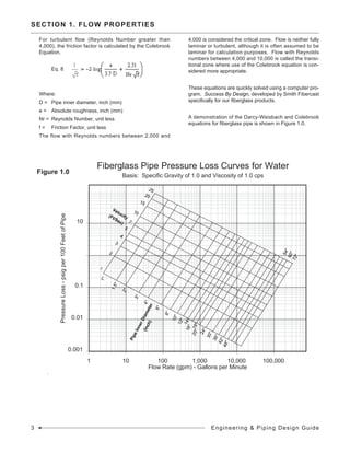 0.001
0.01
0.1
10
PressureLoss-psigper100FeetofPipe
1 10 100 1,000 10,000 100,000
Flow Rate (gpm) - Gallons per Minute
Fiberglass Pipe Pressure Loss Curves for Water
Basis: Specific Gravity of 1.0 and Viscosity of 1.0 cps
Velocity(Ft/Sec)
54"
60"
72"
PipeInnerDiameter
(inch)
4
5
2
7
10
15
20
25
1
3
1"
1.5"
2"
3"
4"
6"
8"
10"
12"
14"16"
18"
20"
24"
30"
36"
42"
48"
Figure 1.0
SECTION 1. FLOW PROPERTIES
For turbulent flow (Reynolds Number greater than
4,000), the friction factor is calculated by the Colebrook
Equation.
	 Eq. 8
Where:
D = 	 Pipe inner diameter, inch (mm)
e = 	Absolute roughness, inch (mm)
Nr = 	Reynolds Number, unit less
f = 	 Friction Factor, unit less
The flow with Reynolds numbers between 2,000 and
4,000 is considered the critical zone. Flow is neither fully
laminar or turbulent, although it is often assumed to be
laminar for calculation purposes. Flow with Reynolds
numbers between 4,000 and 10,000 is called the transi-
tional zone where use of the Colebrook equation is con-
sidered more appropriate.
These equations are quickly solved using a computer pro-
gram, Success By Design, developed by Smith Fibercast
specifically for our fiberglass products.
A demonstration of the Darcy-Weisbach and Colebrook
equations for fiberglass pipe is shown in Figure 1.0.
3 Engineering & Piping Design Guide
 