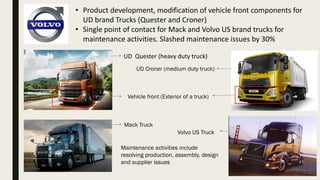 • Product development, modification of vehicle front components for
UD brand Trucks (Quester and Croner)
• Single point of contact for Mack and Volvo US brand trucks for
maintenance activities. Slashed maintenance issues by 30%
UD Quester (heavy duty truck)
UD Croner (medium duty truck)
Vehicle front (Exterior of a truck)
Mack Truck
Volvo US Truck
Maintenance activities include
resolving production, assembly, design
and supplier issues
 
