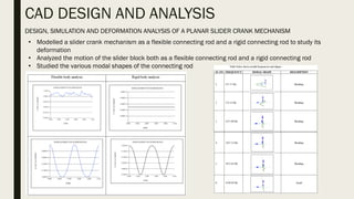 CAD DESIGN AND ANALYSIS
DESIGN, SIMULATION AND DEFORMATION ANALYSIS OF A PLANAR SLIDER CRANK MECHANISM
• Modelled a slider crank mechanism as a flexible connecting rod and a rigid connecting rod to study its
deformation
• Analyzed the motion of the slider block both as a flexible connecting rod and a rigid connecting rod
• Studied the various modal shapes of the connecting rod
 