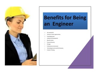 Benefits for Being
an Engineer
• Job satisfaction
• Variety of career opportunities
• Challenging work
• Intellectual development
• Benefit society
• Financial Security
• Prestige
• Professional environment
• Technological and scientific discovery
• Creative Thinking
 