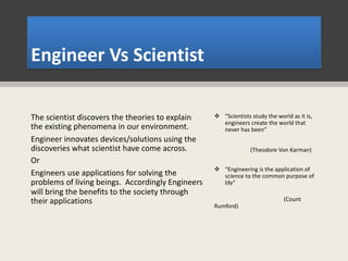 Engineer Vs Scientist
The scientist discovers the theories to explain
the existing phenomena in our environment.
Engineer innovates devices/solutions using the
discoveries what scientist have come across.
Or
Engineers use applications for solving the
problems of living beings. Accordingly Engineers
will bring the benefits to the society through
their applications
v “Scientists study the world as it is,
engineers create the world that
never has been”
(Theodore Von Karman)
v “Engineering is the application of
science to the common purpose of
life”
(Count
Rumford)
 