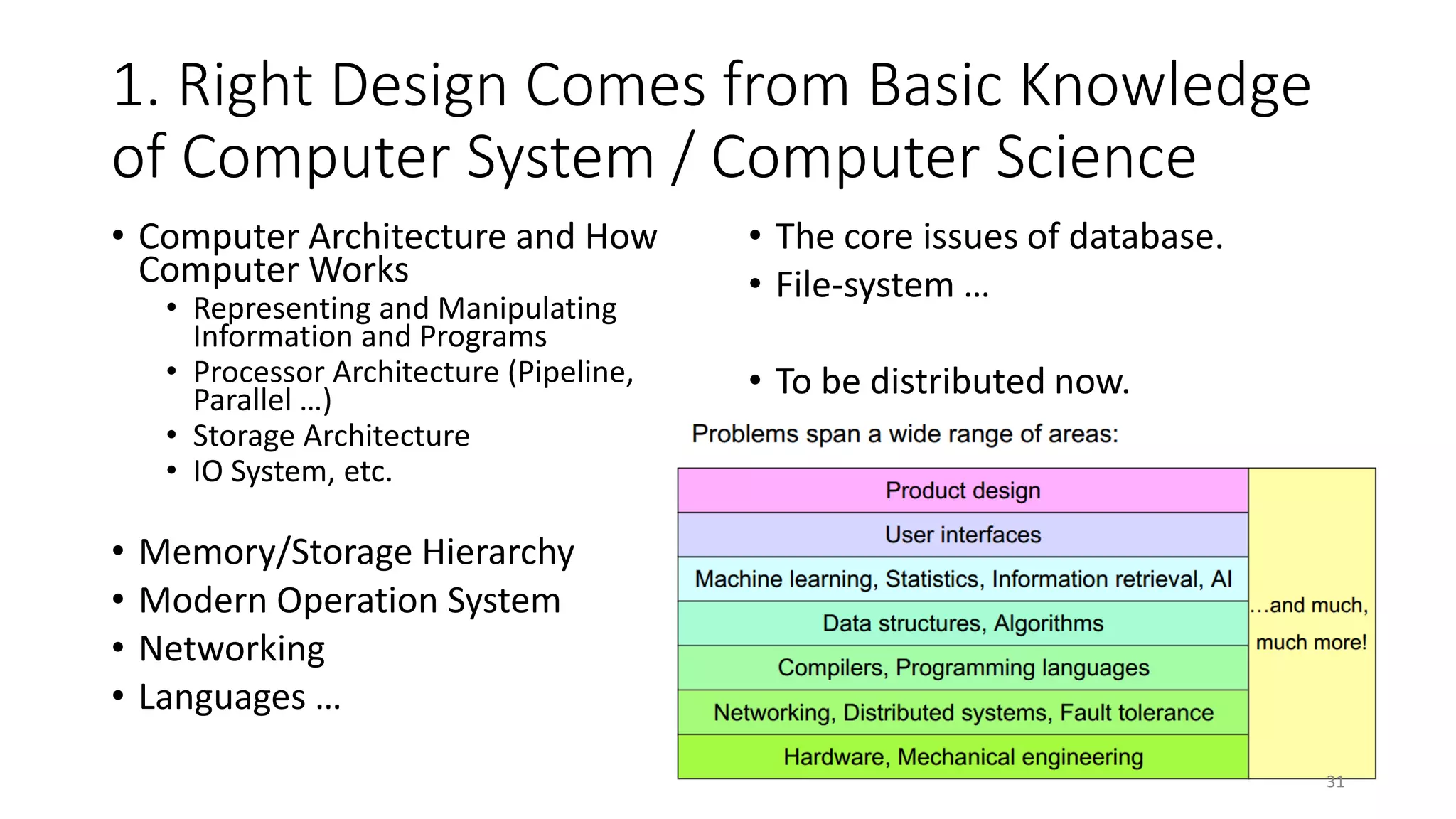 1. Right Design Comes from Basic Knowledge
of Computer System / Computer Science
• Computer Architecture and How
Computer Works
• Representing and Manipulating
Information and Programs
• Processor Architecture (Pipeline,
Parallel …)
• Storage Architecture
• IO System, etc.

•
•
•
•

• The core issues of database.
• File-system …
• To be distributed now.

Memory/Storage Hierarchy
Modern Operation System
Networking
Languages …
31

 