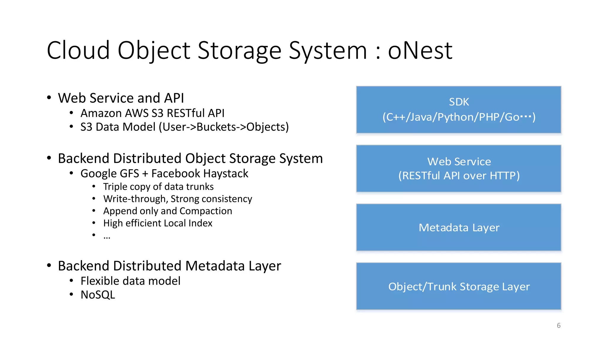 Cloud Object Storage System : oNest
• Web Service and API

• Amazon AWS S3 RESTful API
• S3 Data Model (User->Buckets->Objects)

• Backend Distributed Object Storage System
• Google GFS + Facebook Haystack
•
•
•
•
•

Triple copy of data trunks
Write-through, Strong consistency
Append only and Compaction
High efficient Local Index
…

SDK
(C++/Java/Python/PHP/Go…)

Web Service
(RESTful API over HTTP)

Metadata Layer

• Backend Distributed Metadata Layer
• Flexible data model
• NoSQL

Object/Trunk Storage Layer
6

 