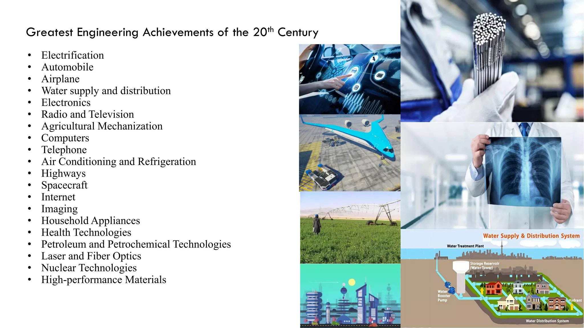 Greatest Engineering Achievements of the 20th Century
• Electrification
• Automobile
• Airplane
• Water supply and distribution
• Electronics
• Radio and Television
• Agricultural Mechanization
• Computers
• Telephone
• Air Conditioning and Refrigeration
• Highways
• Spacecraft
• Internet
• Imaging
• Household Appliances
• Health Technologies
• Petroleum and Petrochemical Technologies
• Laser and Fiber Optics
• Nuclear Technologies
• High-performance Materials
 