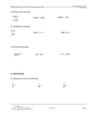 Manufacturing Math Test Questions Engineering pre test first week | PDF