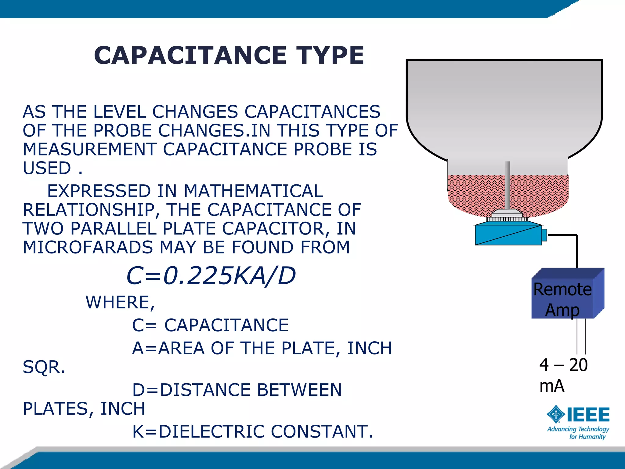 CAPACITANCE TYPE
AS THE LEVEL CHANGES CAPACITANCES
OF THE PROBE CHANGES.IN THIS TYPE OF
MEASUREMENT CAPACITANCE PROBE IS
USED .
EXPRESSED IN MATHEMATICAL
RELATIONSHIP, THE CAPACITANCE OF
TWO PARALLEL PLATE CAPACITOR, IN
MICROFARADS MAY BE FOUND FROM
C=0.225KA/D
WHERE,
C= CAPACITANCE
A=AREA OF THE PLATE, INCH
SQR.
D=DISTANCE BETWEEN
PLATES, INCH
K=DIELECTRIC CONSTANT.
Remote
Amp
4 – 20
mA
 