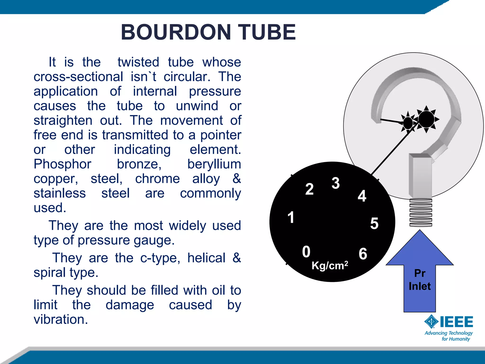 BOURDON TUBE
It is the twisted tube whose
cross-sectional isn`t circular. The
application of internal pressure
causes the tube to unwind or
straighten out. The movement of
free end is transmitted to a pointer
or other indicating element.
Phosphor bronze, beryllium
copper, steel, chrome alloy &
stainless steel are commonly
used.
They are the most widely used
type of pressure gauge.
They are the c-type, helical &
spiral type.
They should be filled with oil to
limit the damage caused by
vibration.
0
1
2 3
4
5
6
Pr
Inlet
Kg/cm2
 