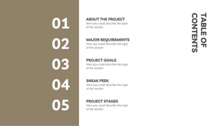 TABLE
OF
CONTENTS
Here you could describe the topic
of the section
PROJECT GOALS
03
ABOUT THE PROJECT
Here you could describe the topic
of the section
01
MAJOR REQUIREMENTS
Here you could describe the topic
of the section
02
SNEAK PEEK
Here you could describe the topic
of the section
04
PROJECT STAGES
Here you could describe the topic
of the section
05
 