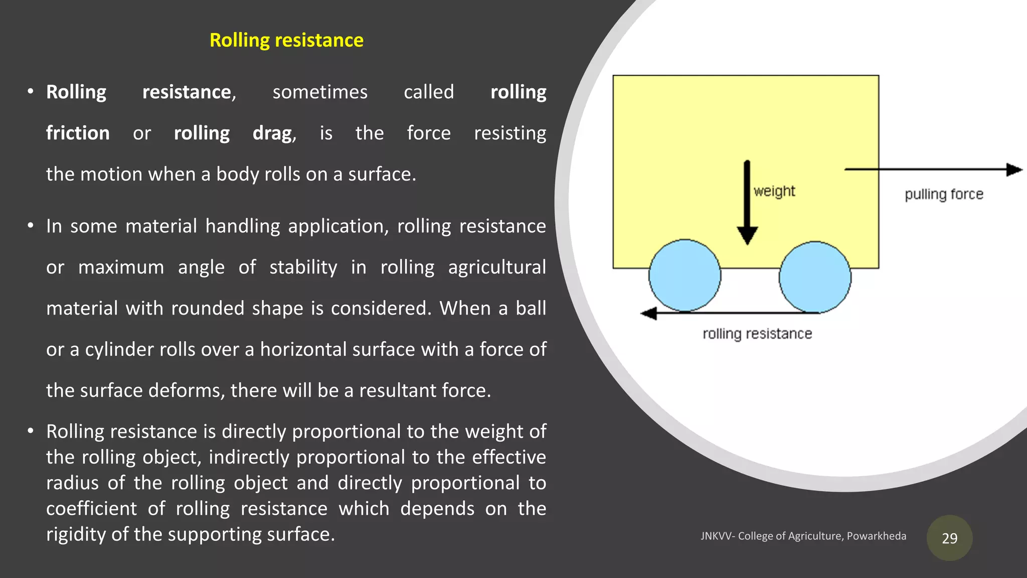 Rolling resistance
• Rolling resistance, sometimes called rolling
friction or rolling drag, is the force resisting
the motion when a body rolls on a surface.
• In some material handling application, rolling resistance
or maximum angle of stability in rolling agricultural
material with rounded shape is considered. When a ball
or a cylinder rolls over a horizontal surface with a force of
the surface deforms, there will be a resultant force.
• Rolling resistance is directly proportional to the weight of
the rolling object, indirectly proportional to the effective
radius of the rolling object and directly proportional to
coefficient of rolling resistance which depends on the
rigidity of the supporting surface. 29
 