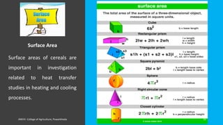 Surface Area
Surface areas of cereals are
important in investigation
related to heat transfer
studies in heating and cooling
processes.
JNKVV- College of Agriculture, Powarkheda 16
 