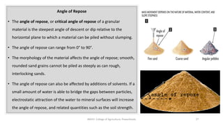 Angle of Repose
• The angle of repose, or critical angle of repose of a granular
material is the steepest angle of descent or dip relative to the
horizontal plane to which a material can be piled without slumping.
• The angle of repose can range from 0° to 90°.
• The morphology of the material affects the angle of repose; smooth,
rounded sand grains cannot be piled as steeply as can rough,
interlocking sands.
• The angle of repose can also be affected by additions of solvents. If a
small amount of water is able to bridge the gaps between particles,
electrostatic attraction of the water to mineral surfaces will increase
the angle of repose, and related quantities such as the soil strength.
JNKVV- College of Agriculture, Powarkheda 27
 