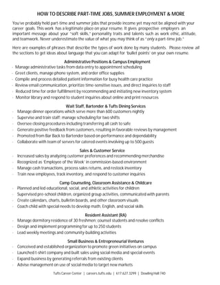 Tufts Career Center | careers.tufts.edu | 617.627.3299 | Dowling Hall 740
HOW TO DESCRIBE PART-TIME JOBS, SUMMER EMPLOYMENT & MORE
You’ve probably held part-time and summer jobs that provide income yet may not be aligned with your
career goals. This work has a legitimate place on your resume. It gives prospective employers an
important message about your “soft skills,” personality traits and talents such as work ethic, attitude,
and teamwork. Never underestimate the value of what you may think of as “only a part-time job.”
Here are examples of phrases that describe the types of work done by many students. Please review all
the sections to get ideas about language that you can adapt for ‘bullet points’ on your own resume.
Administrative Positions & Campus Employment
· Manage administrative tasks from data entry to appointment scheduling
· Greet clients, manage phone system, and order office supplies
· Compile and process detailed patient information for busy health care practice
· Review email communication, prioritize time-sensitive issues, and direct inquiries to staff
· Reduced time for order fulfillment by recommending and initiating new inventory system
· Monitor library and respond to student inquiries about online and print resources
Wait Staff, Bartender & Tufts Dining Services
· Manage dinner operations which serve more than 600 customers nightly
· Supervise and train staff; manage scheduling for two shifts
· Oversee closing procedures including transferring all cash to safe
· Generate positive feedback from customers, resulting in favorable reviews by management
· Promoted from Bar Back to Bartender based on performance and dependability
· Collaborate with team of servers for catered events involving up to 500 guests
Sales & Customer Service
· Increased sales by analyzing customer preferences and recommending merchandise
· Recognized as ‘Employee of the Week’ in commission-based environment
· Manage cash transactions, process sales returns, and restock inventory
· Train new employees, track inventory, and respond to customer inquiries
Camp Counseling, Classroom Assistance & Childcare
· Planned and led educational, social, and athletic activities for children
· Supervised pre-school children, organized group activities, communicated with parents
· Create calendars, charts, bulletin boards, and other classroom visuals
· Coach child with special needs to develop math, English, and social skills
Resident Assistant (RA)
· Manage dormitory residence of 30 freshmen; counsel students and resolve conflicts
· Design and implement programming for up to 250 students
· Lead weekly meetings and community-building activities
Small Business & Entrepreneurial Ventures
· Conceived and established organization to promote green initiatives on campus
· Launched t-shirt company and built sales using social media and special events
· Expand business by generating referrals from existing clients
· Advise management on use of social media to target new markets
 