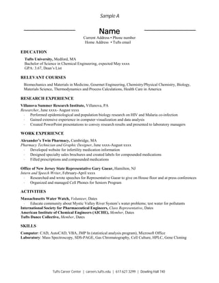 Sample A
Tufts Career Center | careers.tufts.edu | 617.627.3299 | Dowling Hall 740
Name
Current Address • Phone number
Home Address • Tufts email
EDUCATION
Tufts University, Medford, MA
Bachelor of Science in Chemical Engineering, expected May xxxx
GPA: 3.67, Dean’s List
RELEVANT COURSES
Biomechanics and Materials in Medicine, Gourmet Engineering, Chemistry/Physical Chemistry, Biology,
Materials Science, Thermodynamics and Process Calculations, Health Care in America
RESEARCH EXPERIENCE
Villanova Summer Research Institute, Villanova, PA
Researcher, June xxxx- August xxxx
· Performed epidemiological and population biology research on HIV and Malaria co-infection
· Gained extensive experience in computer visualization and data analysis
· Created PowerPoint presentations to convey research results and presented to laboratory managers
WORK EXPERIENCE
Alexander’s Twin Pharmacy, Cambridge, MA
Pharmacy Technician and Graphic Designer, June xxxx-August xxxx
· Developed website for infertility medication information
· Designed specialty sales brochures and created labels for compounded medications
· Filled prescriptions and compounded medications
Office of New Jersey State Representative Gary Guear, Hamilton, NJ
Intern and Speech Writer, February-April xxxx
· Researched and wrote speeches for Representative Guear to give on House floor and at press conferences
· Organized and managed Cell Phones for Seniors Program
ACTIVITIES
Massachusetts Water Watch, Volunteer, Dates
· Educate community about Mystic Valley River System’s water problems; test water for pollutants
International Society for Pharmaceutical Engineers, Class Representative, Dates
American Institute of Chemical Engineers (AICHE), Member, Dates
Tufts Dance Collective, Member, Dates
SKILLS
Computer: CAD, AutoCAD, VBA, JMP In (statistical analysis program), Microsoft Office
Laboratory: Mass Spectroscopy, SDS-PAGE, Gas Chromatography, Cell Culture, HPLC, Gene Cloning
 
