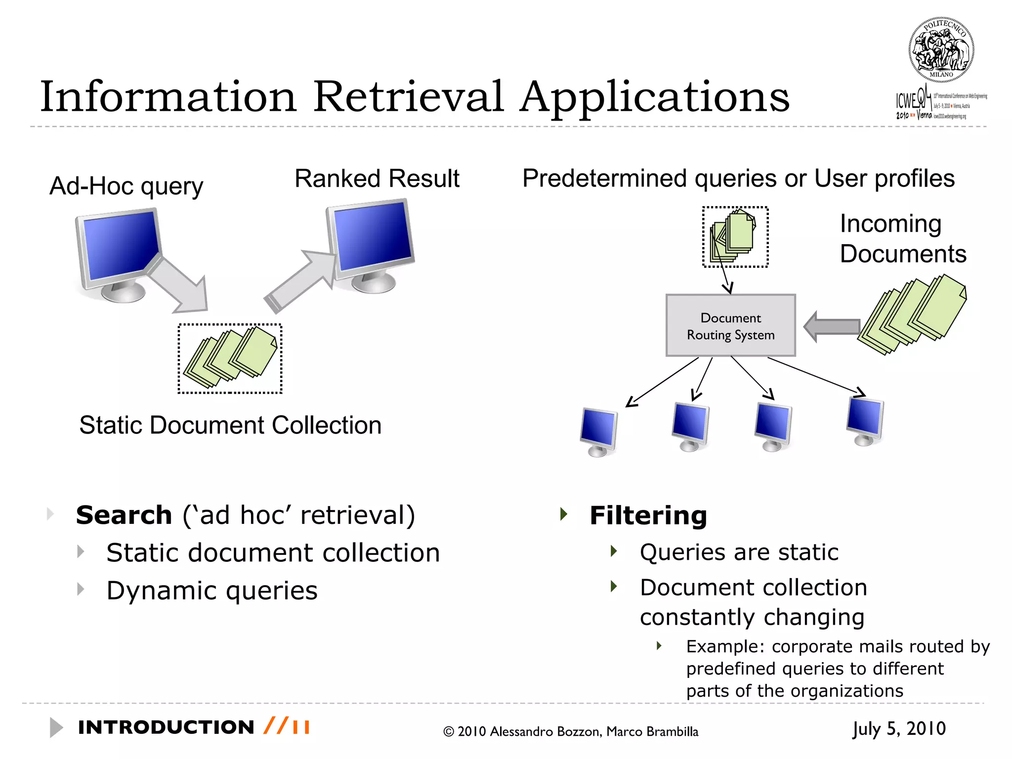 Information Retrieval Applications Search  (‘ad hoc’ retrieval) Static document collection Dynamic queries July 5, 2010  © 2010 Alessandro Bozzon, Marco Brambilla INTRODUCTION   // Filtering Queries are static Document collection constantly changing Example: corporate mails routed by predefined queries to different parts of the organizations Static Document Collection Ranked Result Ad-Hoc query Document Routing System Predetermined queries or User profiles Incoming  Documents 