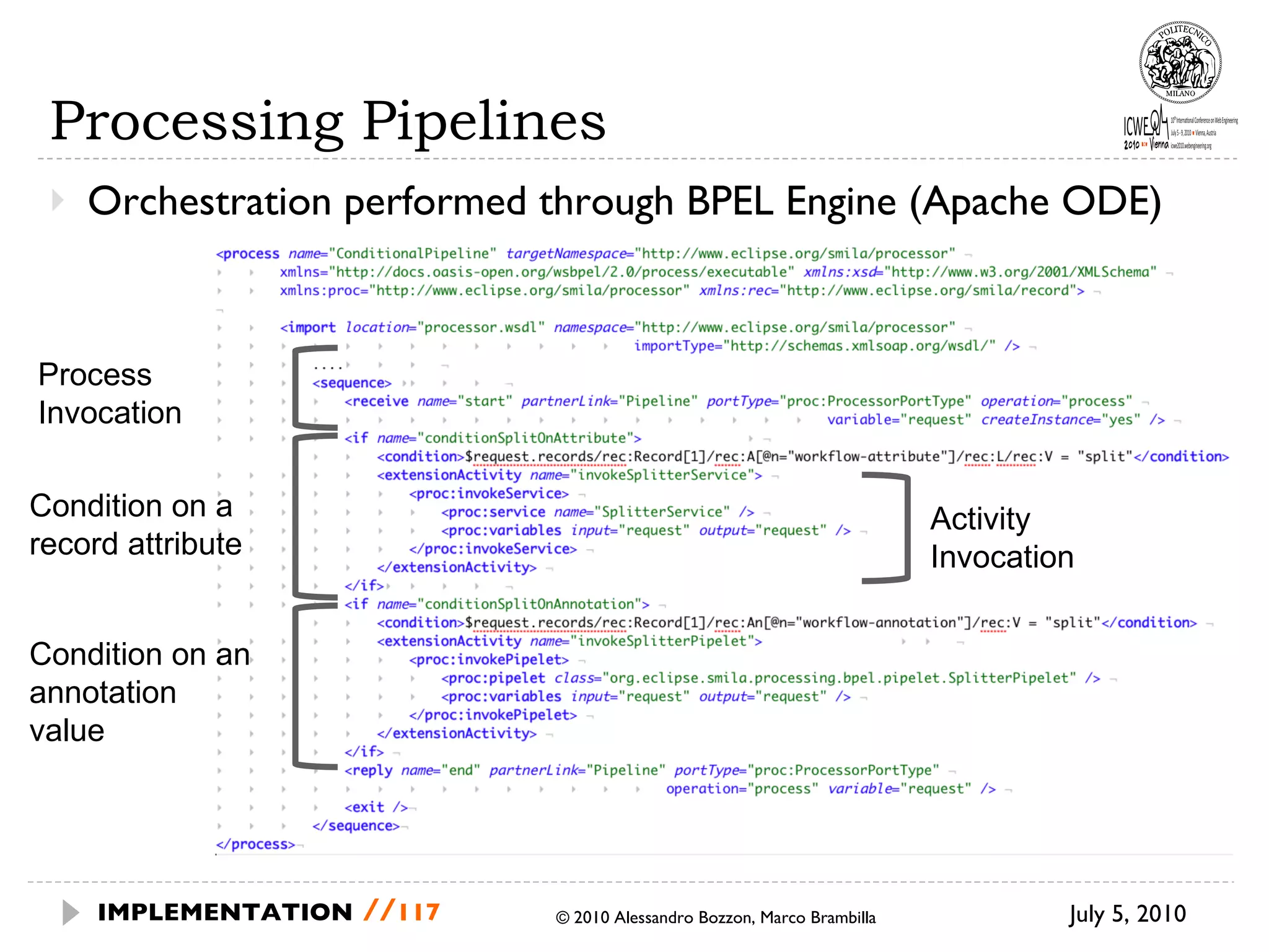 Processing Pipelines Orchestration performed through BPEL Engine (Apache ODE) July 5, 2010  © 2010 Alessandro Bozzon, Marco Brambilla IMPLEMENTATION   // Process Invocation Condition on a record attribute Condition on an annotation value Activity Invocation 