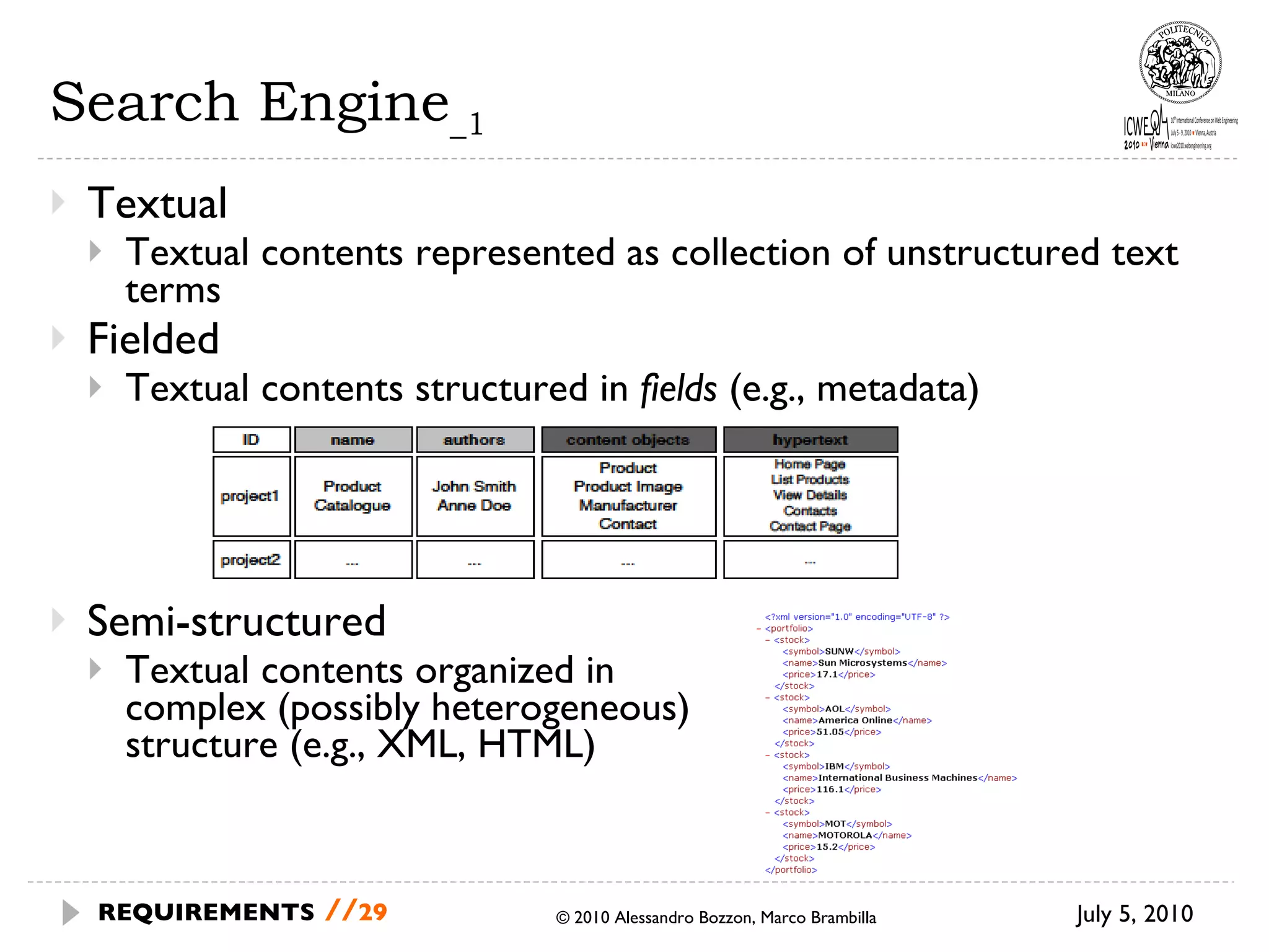 Search Engine _1 Textual Textual contents represented as collection of unstructured text terms Fielded Textual contents structured in  fields  (e.g., metadata) Semi-structured Textual contents organized in  complex (possibly heterogeneous)  structure (e.g., XML, HTML) © 2010 Alessandro Bozzon, Marco Brambilla July 5, 2010 REQUIREMENTS   // 